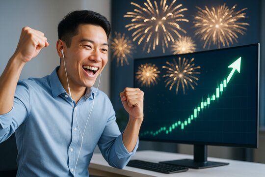 Happy man celebrating financial success with rising stock chart and fireworks on computer screen in business office background at night.. Ai generative