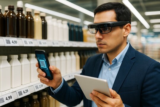 Businessman using augmented reality glasses and scanning QR codes in a modern supermarket for product data analysis and inventory management. Ai generative