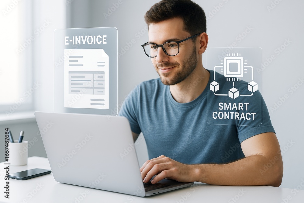 Aufkleber smiling man using laptop with futuristic e-invoice and smart contract interface icons on screen in b