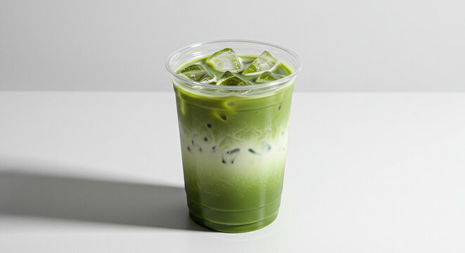 Refreshing iced matcha latte served in a plastic cup with layered green tea and milk, creating a creamy and energizing drink.