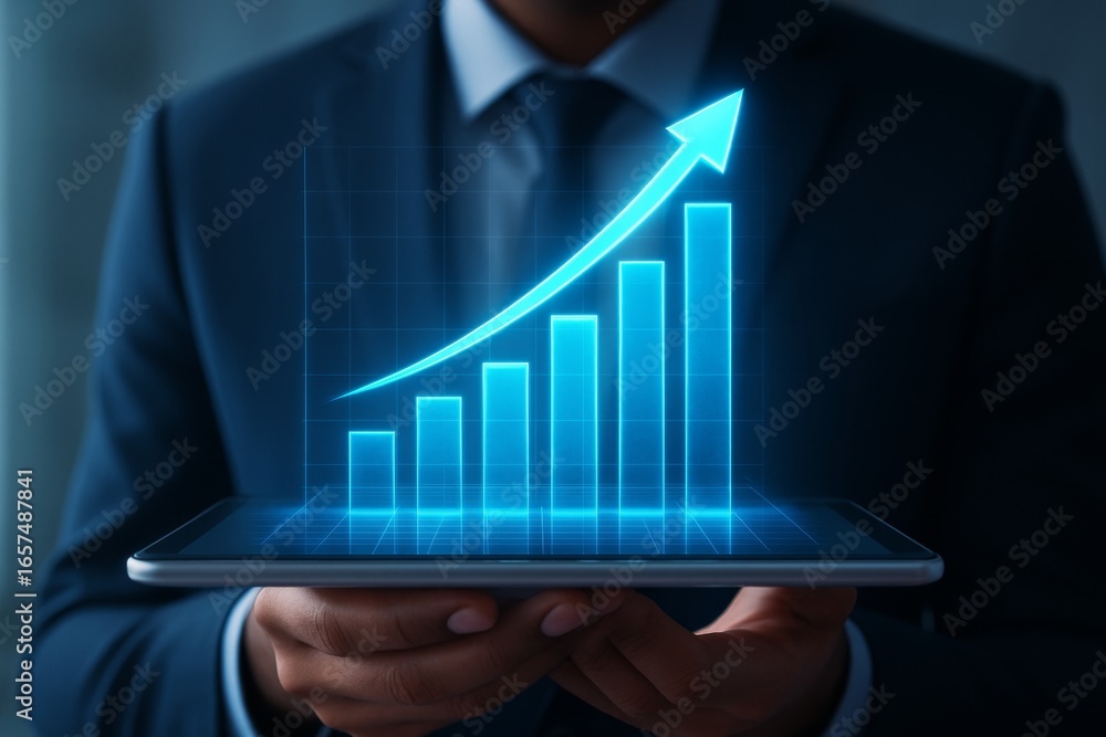 Poster businessman holding tablet with glowing bar graph and upward arrow showing growth on dark abstract b