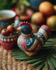 Fototapeta premium Handcrafted Wooden Chicken Figurine with Traditional Folk Art Painting, Cultural Decorative Craft Design