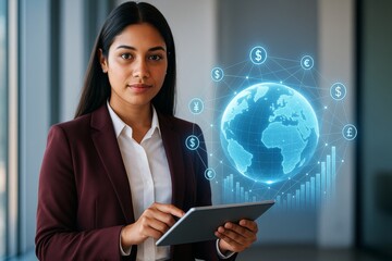 Businesswoman using digital tablet with glowing global finance network hologram beside her in modern office setting. Ai generative. Ai generative