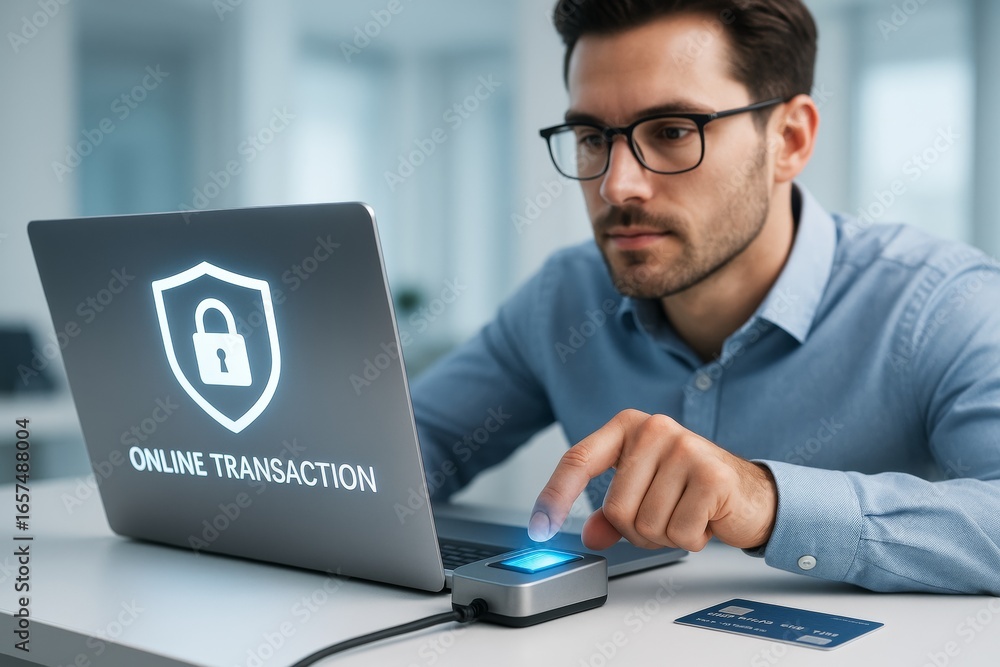 Aufkleber man verifying identity with fingerprint scanner for secure online transaction on laptop showing lock