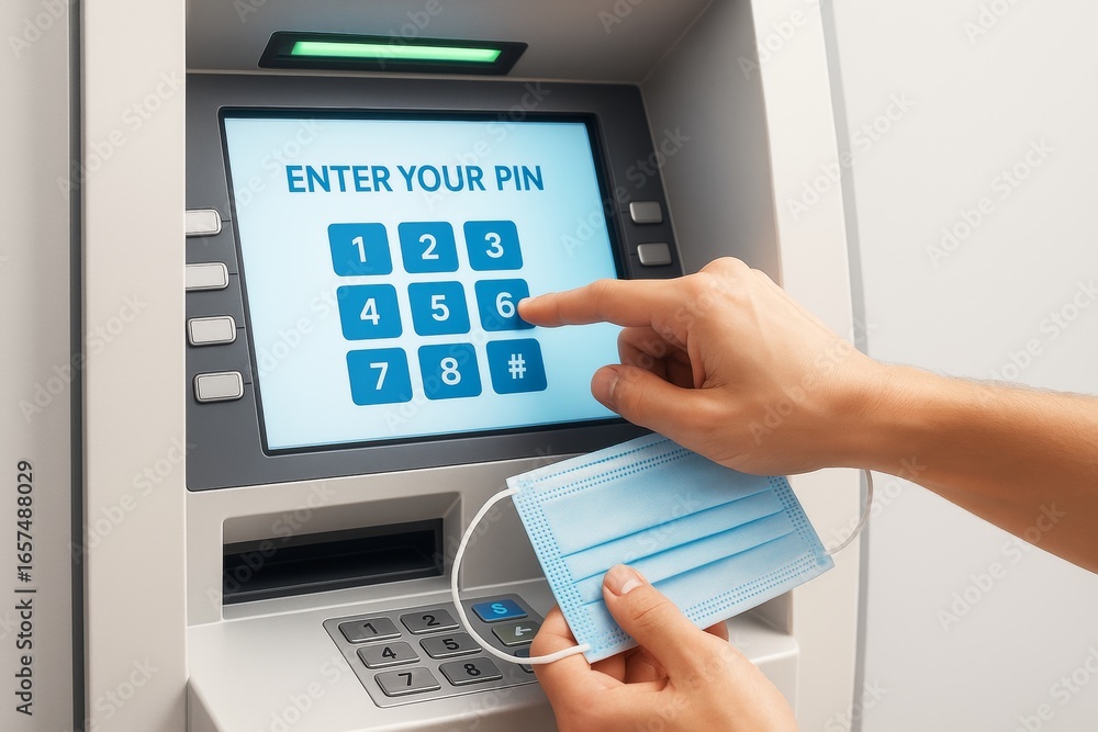 Aufkleber person entering pin on atm touchscreen while holding face mask, illustrating secure banking in a mod