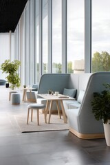 A minimalist lounge with clean lines and soft seats Employees enjoying a quiet reading break The mood feels calm and refreshing, Generative AI 