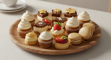 Assortment of small desserts on wooden platter