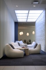 A minimalist lounge with clean lines and soft seats Employees enjoying a quiet reading break The mood feels calm and refreshing, Generative AI 