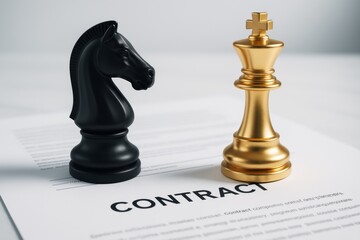 Black knight and golden king chess pieces on contract paper symbolizing negotiation strategy and business leadership concept on light background. Ai generative