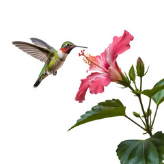 A ruby throated hummingbird gracefully hovers near a vibrant pink hibiscus flower seeking sweet nectar and pollen for its survival