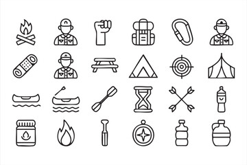 Obraz premium Adventure and Camping Icons for Hiking, Fire, and Expedition Planning