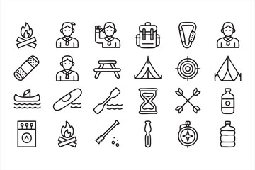 Collection of Wilderness Exploration Icons for Camping, Hiking, and Adventure