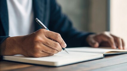 Hand of professional writing notes — emphasizing organization and work focus