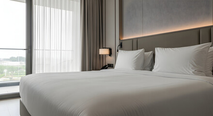 Obraz premium Luxurious and Modern Hotel Bedroom Interior with Comfortable Bed and Elegant Design, Featuring a Bright Window and Peaceful Ambiance for Rest and Relaxation