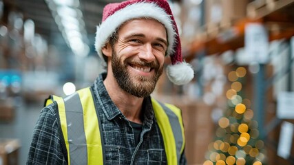 Cheerful warehouse worker in Santa hat, smiling joyfully in festive atmosphere while preparing for online shopping during holiday season - Powered by Adobe