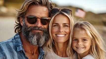 Smiling family of three posing together outdoors in natural light