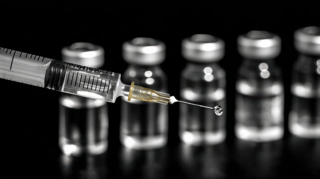 A close-up of a syringe poised over glass vials, emphasizing medical themes and the administration of vaccines or medications.