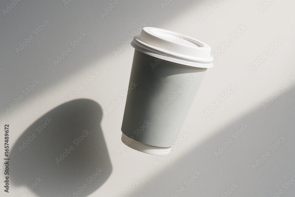 Aufkleber Floating paper coffee cup mockup with white lid casting soft shadow on bright minimal background for branding or product presentation concept. Ai generative