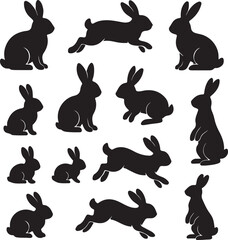 Black rabbit silhouettes in various poses bunny white background