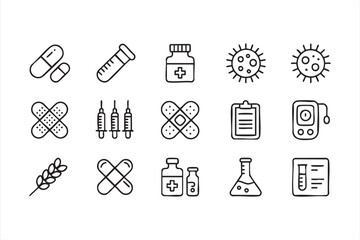 Simple Icons for Pharmacy, Medication, and Health Protection in Monochrome