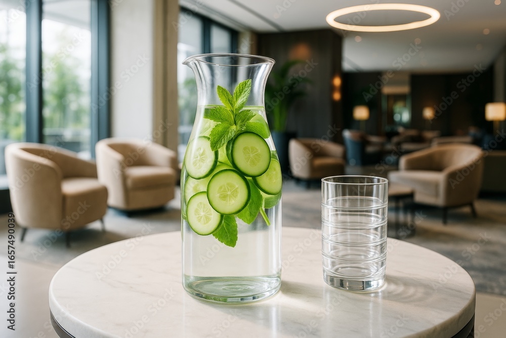 Poster glass pitcher with cucumber and mint infused water on marble table in modern lounge with soft light 