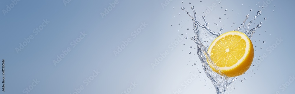 Aufkleber fresh lemon slice splashing in water with clean light blue background and empty copyspace for design