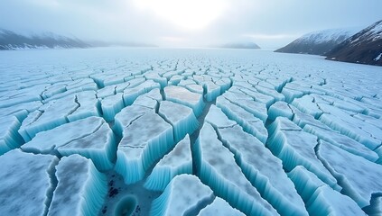 Top-down drone view of icy glacier with deep blue cracks, frozen textures, arctic wilderness, cold atmosphere, natural wonder, minimal human interference, no text