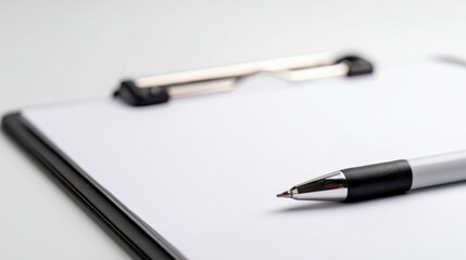 A close-up of a clipboard with a blank page and a silver pen resting beside it, ideal for notes or checklists.