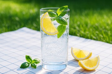 Refreshing lemon soda water with basil leaves in a clear glass on a picnic cloth outdoors under sunlight with green grass background. Ai generative