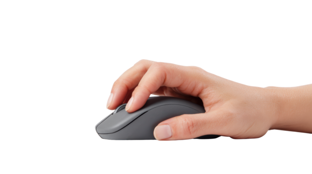 A hand is holding a sleek, modern computer mouse, ready for use in a digital environment.