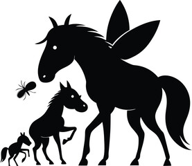 Naklejka premium Black silhouette of a winged horse with two foals and a spider on a white background baby horse animal