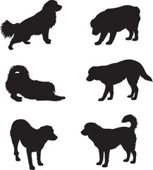 Naklejka premium Six dog silhouettes standing and lying down dogs black