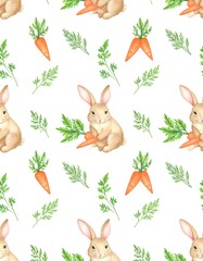Fototapeta premium Watercolor pattern of bunnies holding carrots and greenery on white