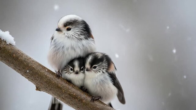 Long-tailed tit family sheltering from winter snowfall on a twig, enjoying the season