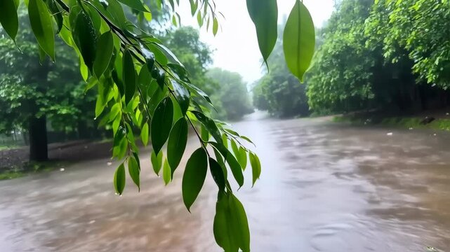 Lush green leaves frame a rushing river after rain