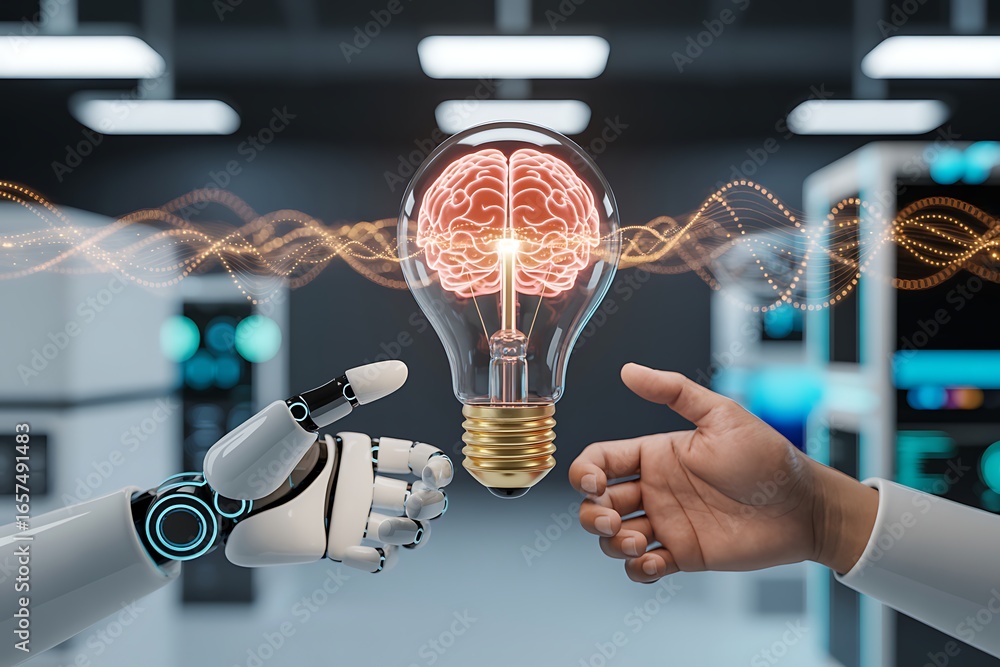 Aufkleber robot hand and human hand connecting to a lightbulb with a brain inside connection