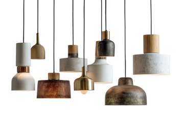 Collection of pendant lights in various muted tones and materials