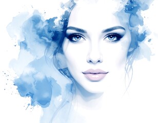 Watercolor portrait of a woman with blue eyes and subtle makeup, framed by light blue watercolor splashes