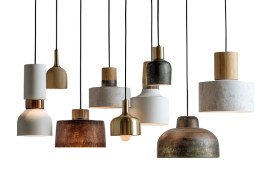 Collection of pendant lights in various muted tones and materials