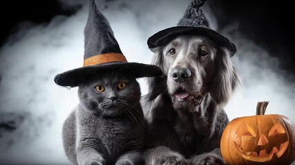 A playful cat and dog wearing witch hats beside a carved pumpkin in a spooky atmosphere - Powered by Adobe