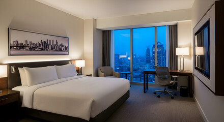 Fototapeta premium Modern and Luxurious Hotel Room with Stunning Night City View