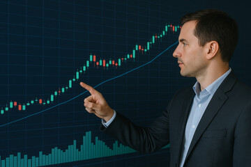 Professional businessman analyzing a rising stock market chart, pointing to a successful growth trend. Financial investment strategy.