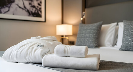 Luxurious White Bathrobe and Fresh Towels on a Cozy Hotel Bed, Ready for a Relaxing Guest Stay
