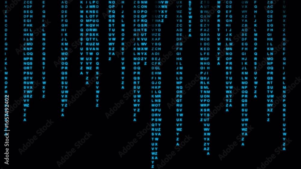 Poster dynamic digital matrix of falling blue characters on black background, data stream animation