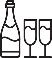 Iconic outline of a champagne bottle and two filled champagne glasses