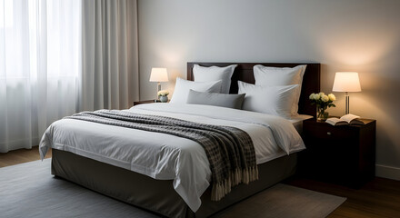 Luxurious and Peaceful Hotel Bedroom with Elegant White Linens and Modern Decor.