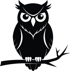 Fototapeta premium Black Silhouette of an Owl with Big Eyes Perched on a Branch bird black and white