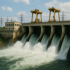 Hydroelectric Dam Power Generation Water Flowing Over Spillway