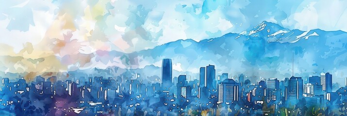 Chilean independence day celebration skyline and mountain scenery art - design for posters and print. Horizontal banner. Copy space. Chile National Day. Postcard from Chile. Watercolor illustration