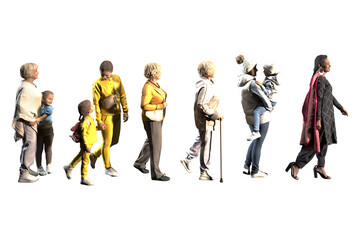 Several digitally rendered women and children walking on a white background.